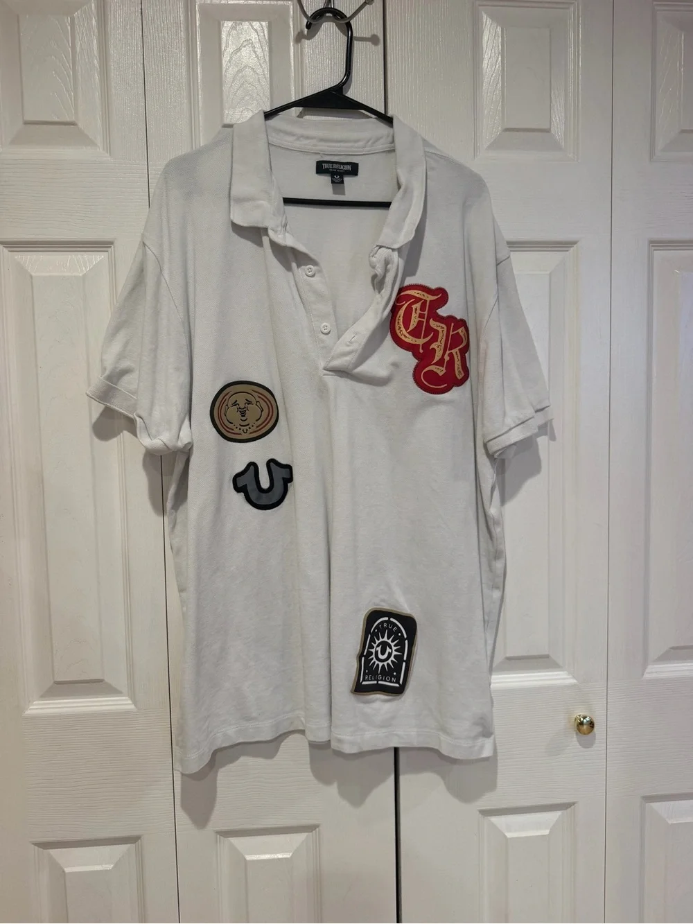 True Religion White Polo with Red Appliqué Logo and Multi-Patch Accents